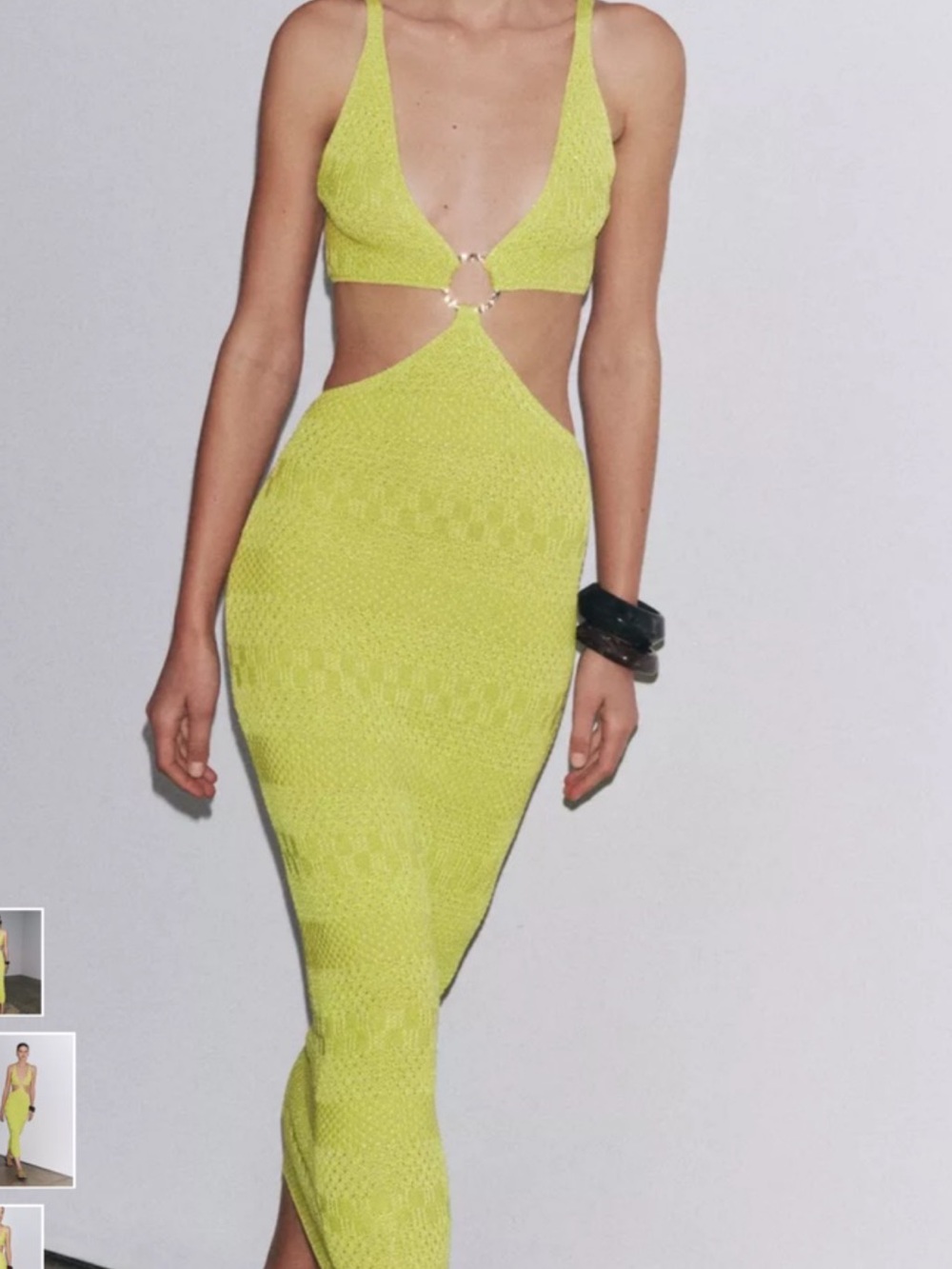 Chartreuse cutout knit midi dress